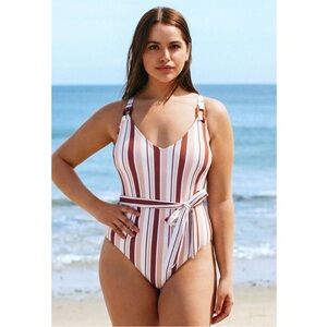 Natalia Striped Belted Plus Size One Piece Swimsuit in 3XL